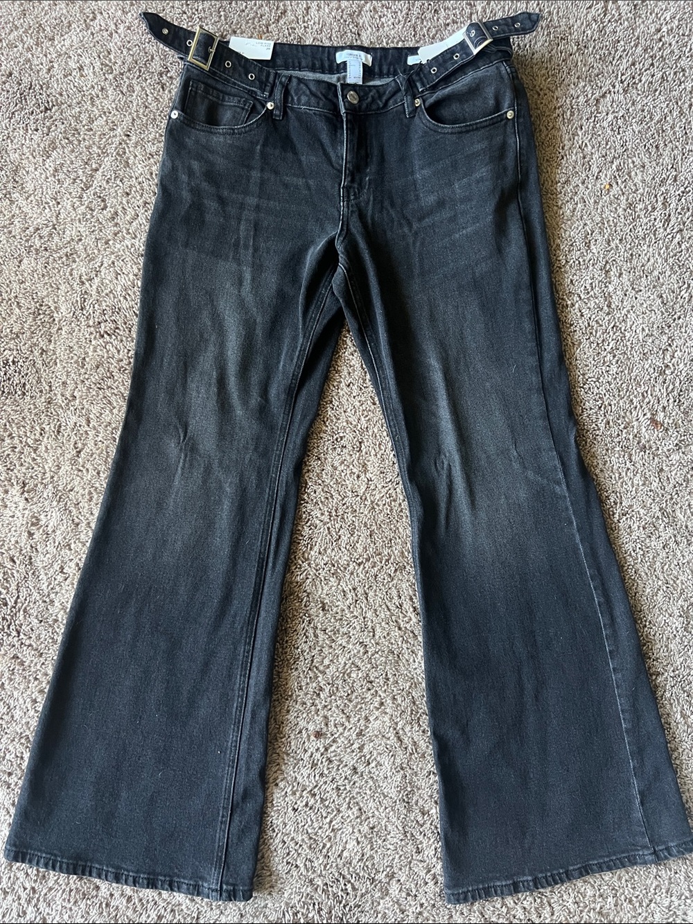 Forever 21 Black Low Rise Flare Jeans Adjustable Buckle Waist Y2K Grunge Pants